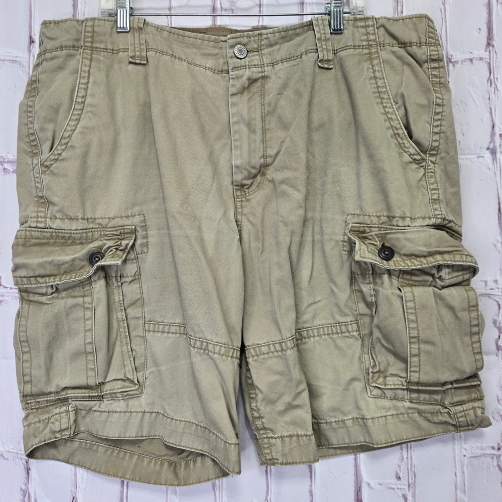 Y2K Old Navy Cargo Shorts Tan Khaki Cotton Twill Multi Pocket Casual Mens 40